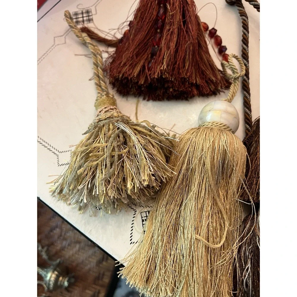 Lot Of 9 Decorative Tassels Attached Looped Cords 7 Lg. 1 All Beads 1 Wood Beads